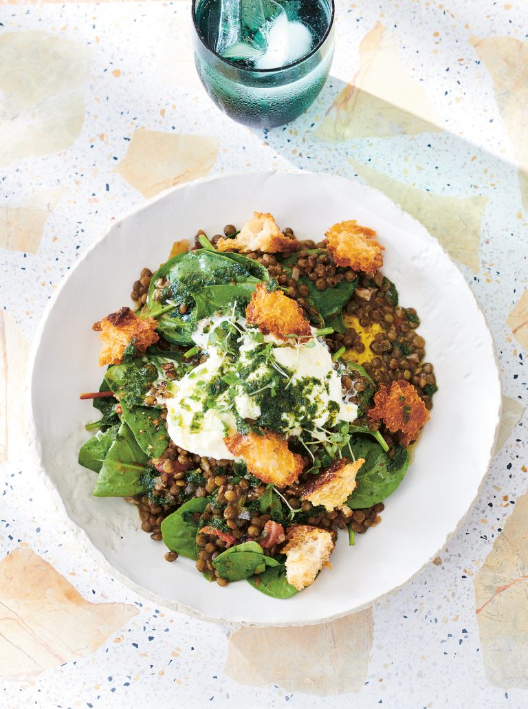 warm lentil salad with burrata and basil oil