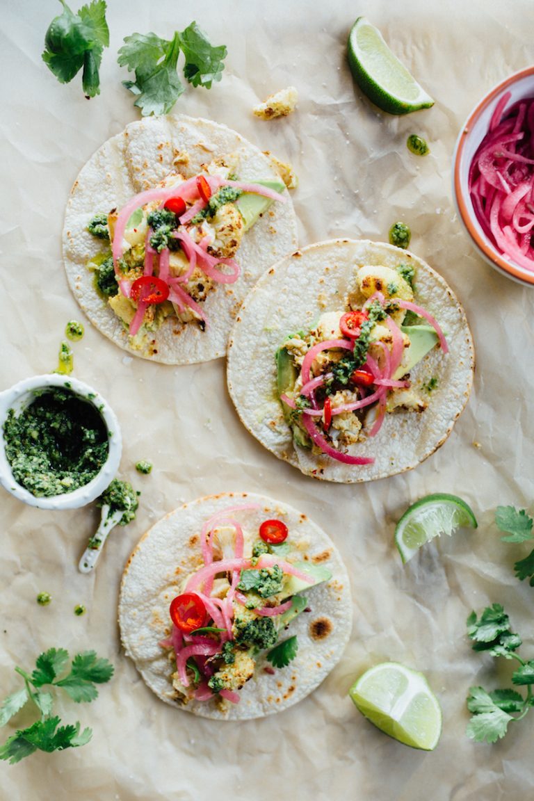 Roasted Cauliflower Tacos with Cilantro Pesto_vegan picnic ideas