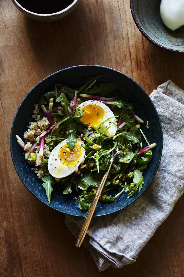 Arugula Breakfast Salad With Toasted Pistachio, Radish & Soft Eggs_easy quinoa bowl recipes