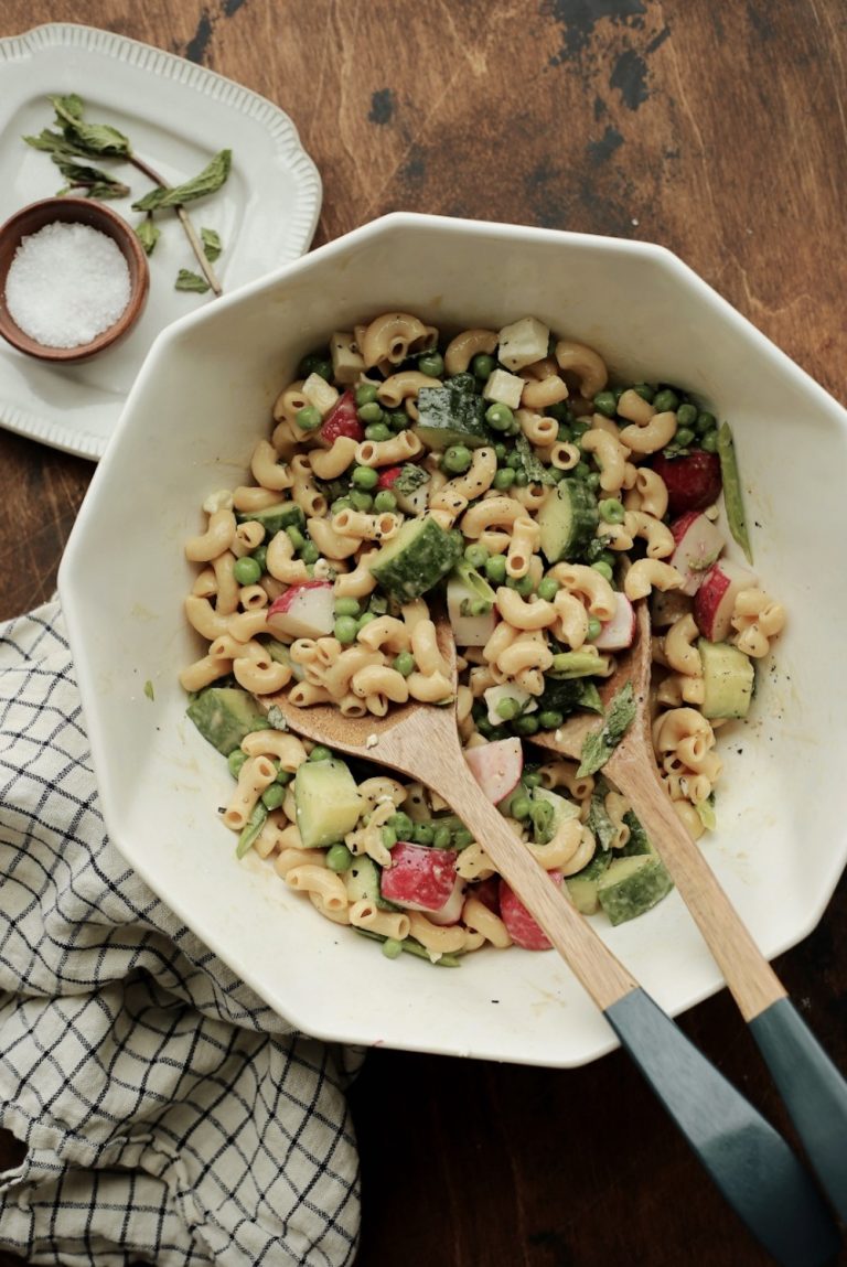 Summer Veggie Pasta Salad with Feta Lemon Tahini Dressing