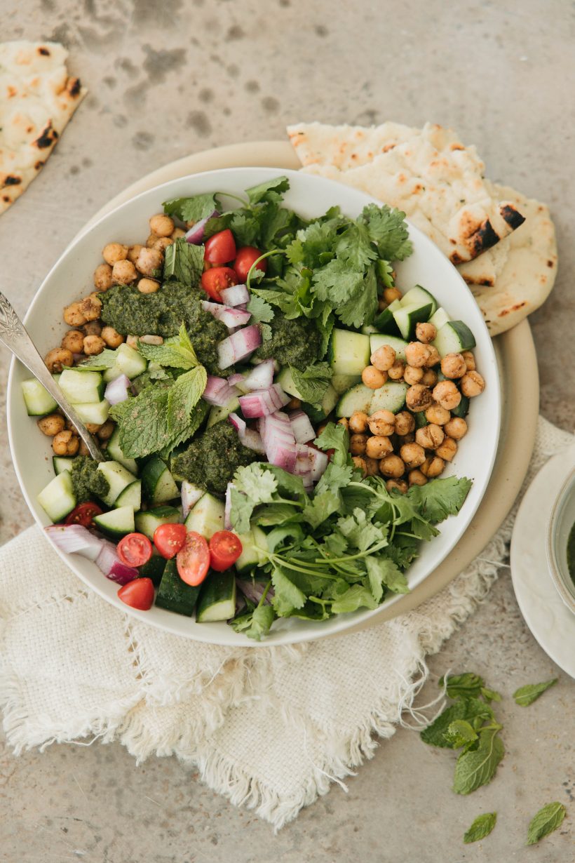 chickpea salad - kachumber salad with cucumbers tomatoes and onions