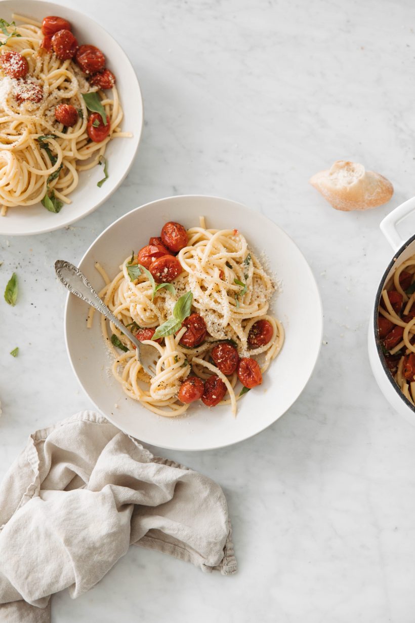 Tomato cream pasta with miso and grilled tomatoes