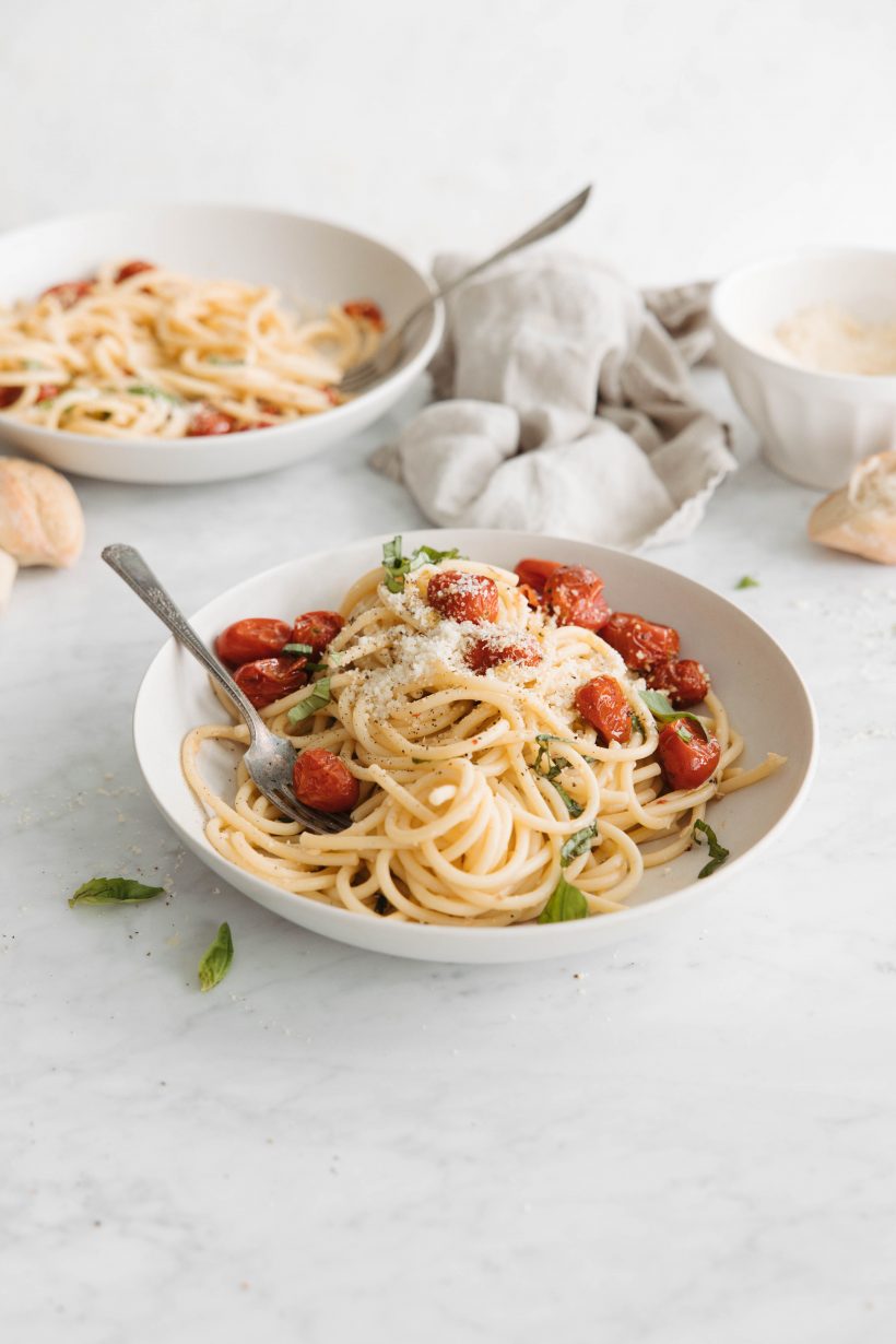 Tomato cream pasta with miso and grilled tomatoes