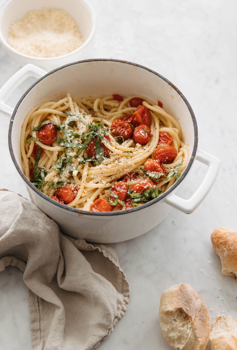 Tomato cream pasta with miso and grilled tomatoes