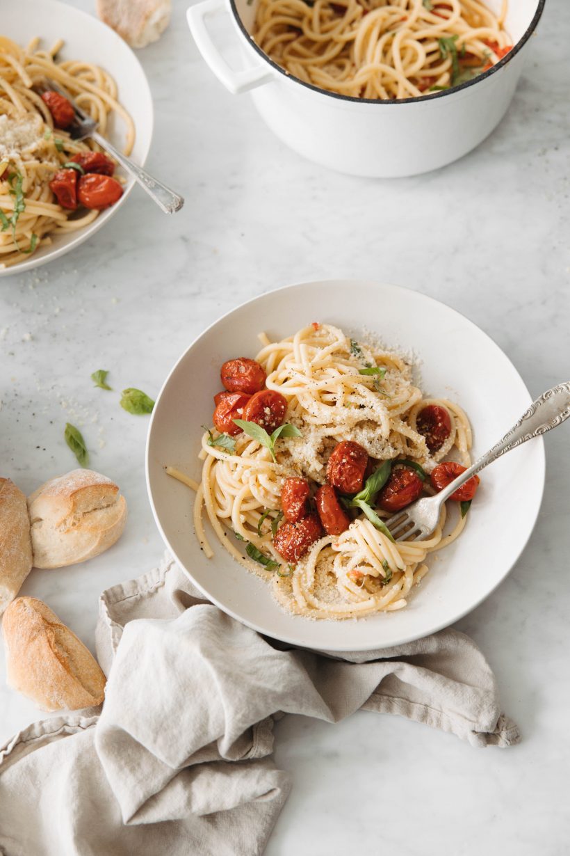 creamy tomato pasta with miso and roasted tomatoes