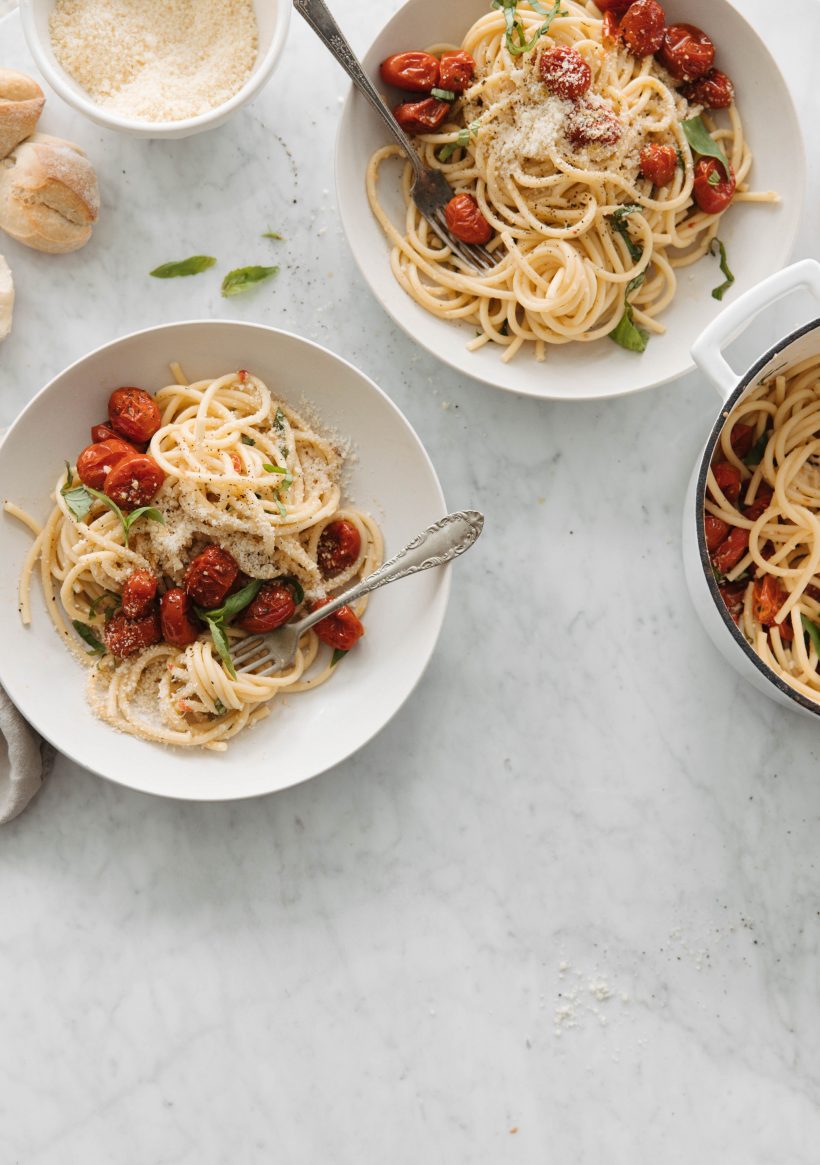 Tomato cream pasta with miso and grilled tomatoes