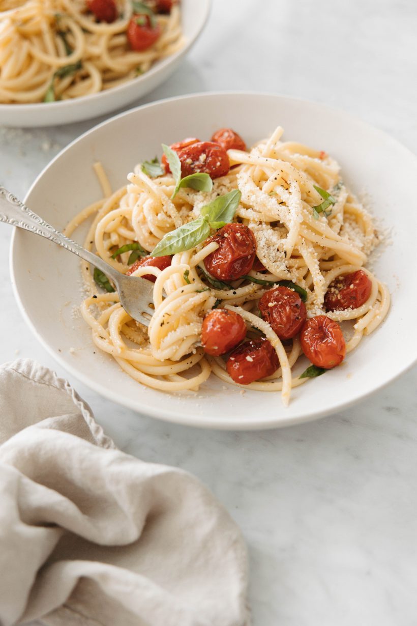 Tomato cream pasta with miso and grilled tomatoes