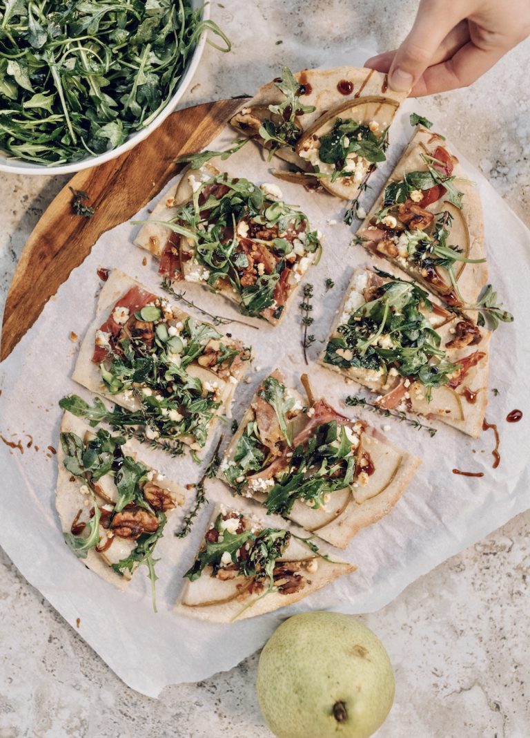Pear glazed flatbread with Prosciutto pizza recipe, walnuts and goat cheese_best