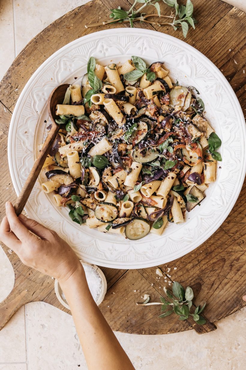 Grilled vegetable pasta ratatouille with eggplant, zucchini and chili recipe