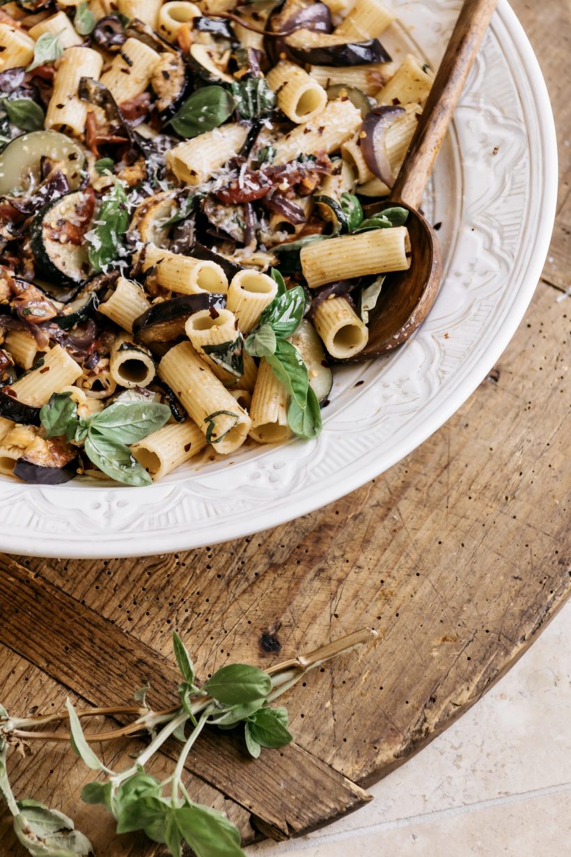 Grilled vegetable pasta ratatouille with eggplant, zucchini and chili chilled recipe