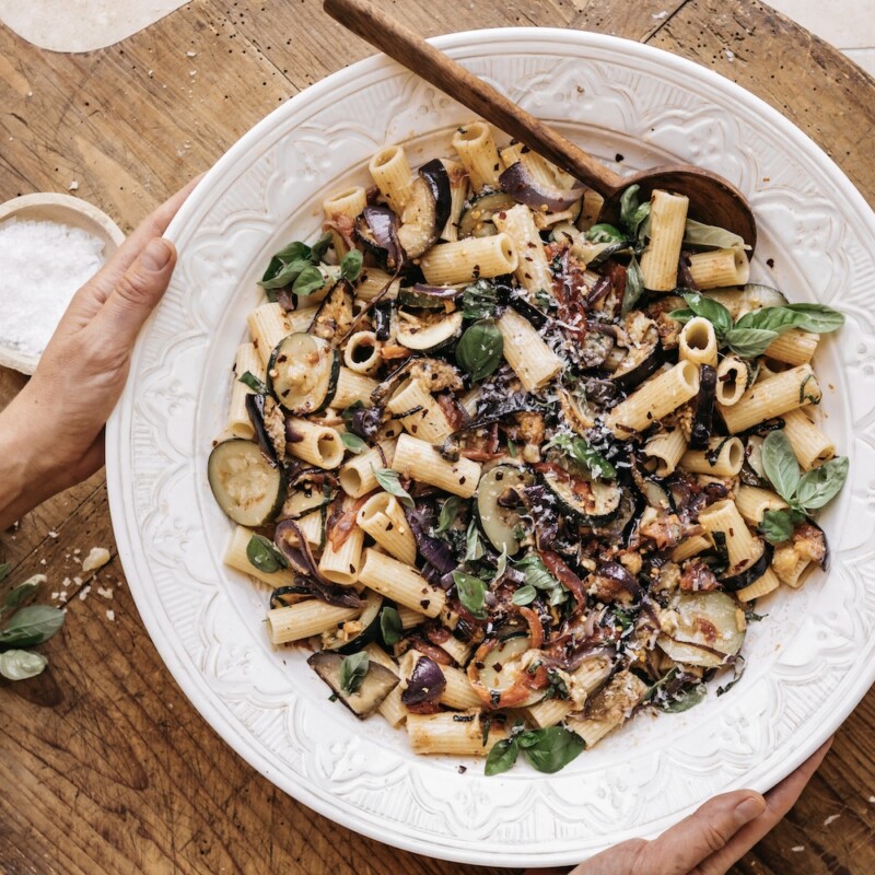 ratatouille roasted vegetable pasta with eggplant, zucchini, and peppers rigatoni recipe