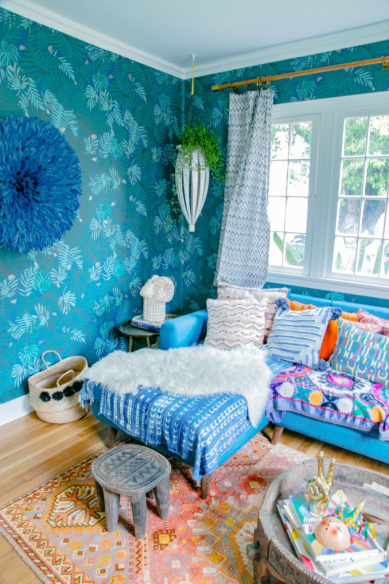bright blue wallpaper in the room