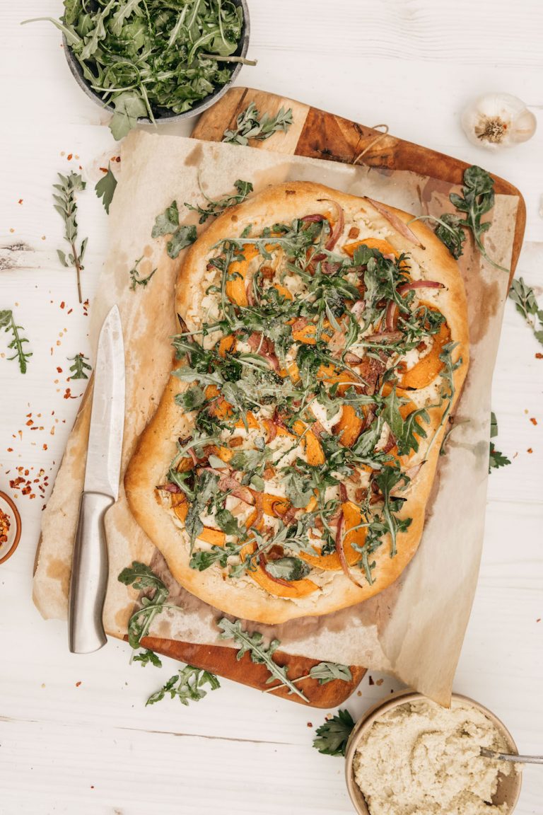 Butternut squash pizza with arugula and almond ricotta: the best foods for shiny hair