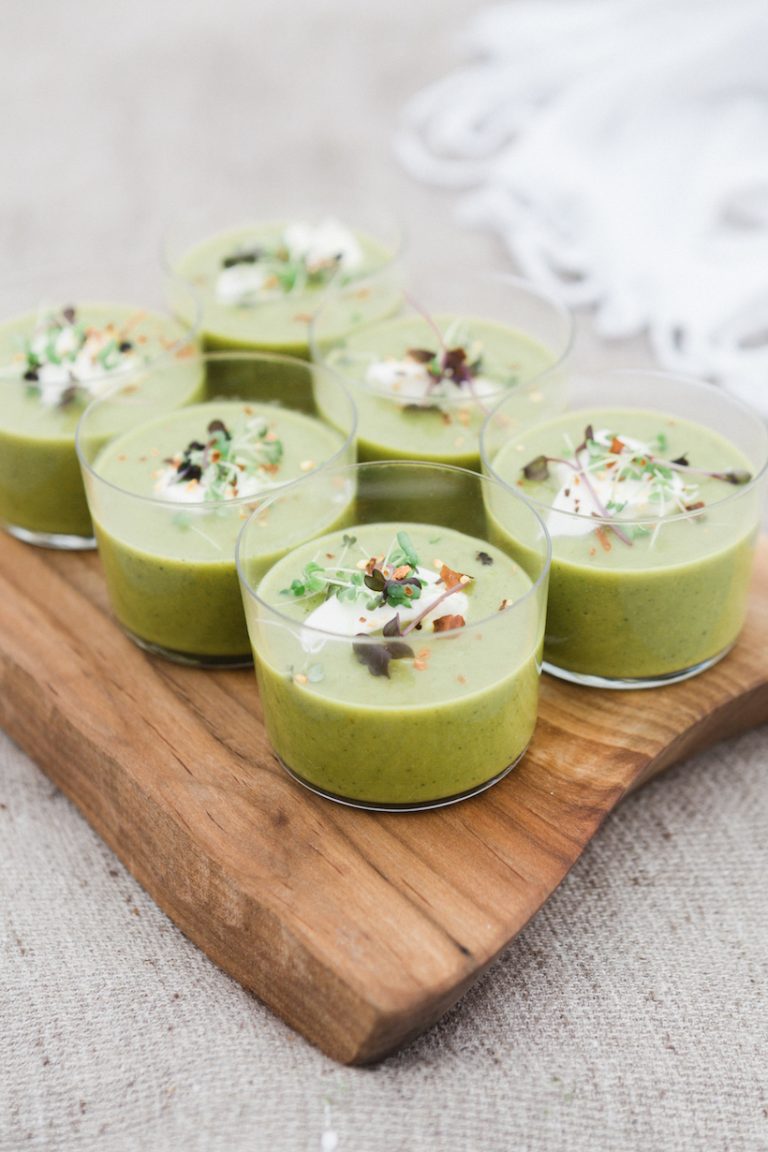 Chilled Pea Soup with Creme Fraiche and Micro Greens_easy make-ahead appetizers