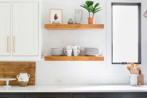 open shelving in white kitchen