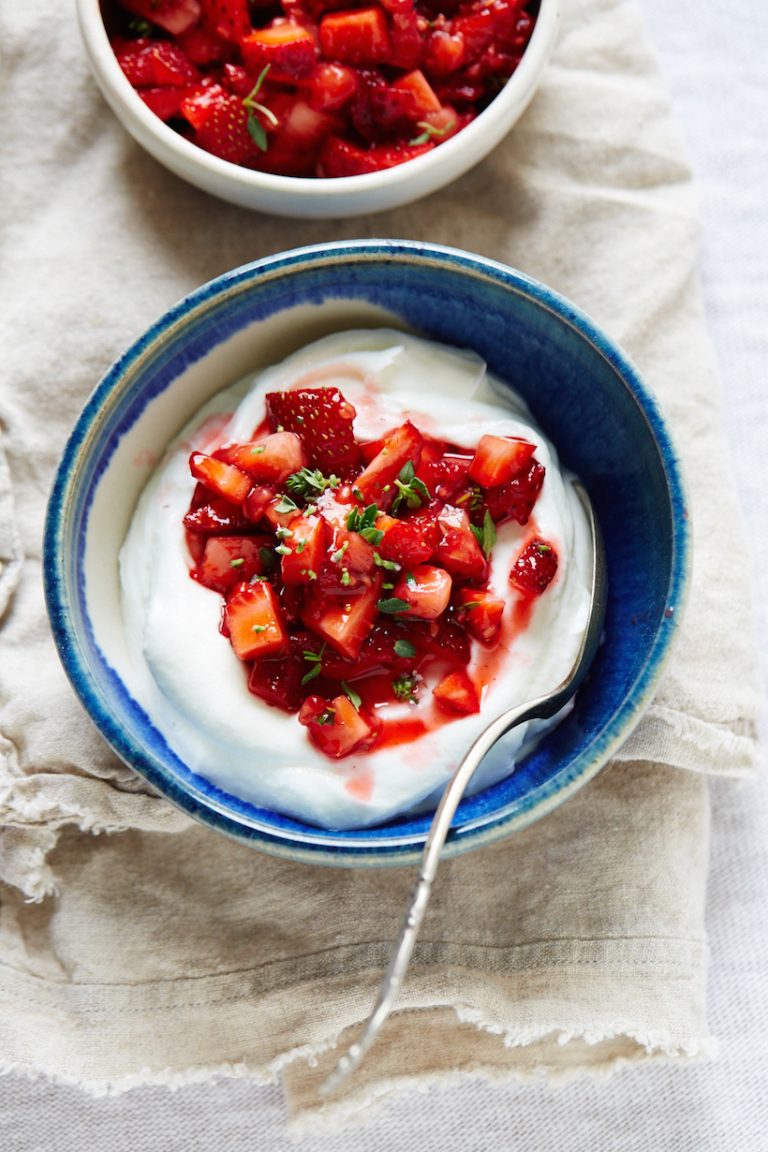 Thyme soaked strawberries and Greek yogurt_best foods for shiny hair