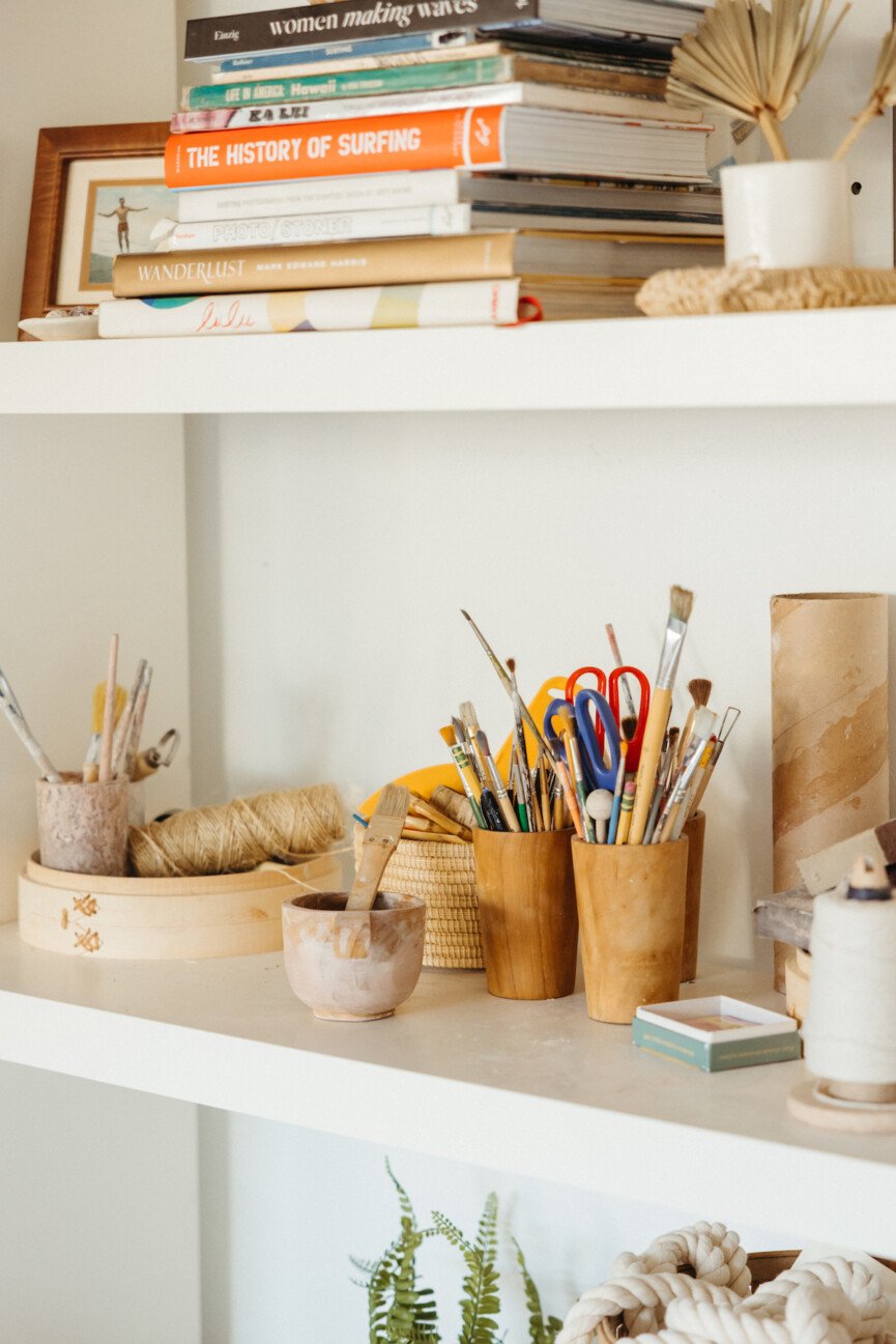 art supplies on shelf