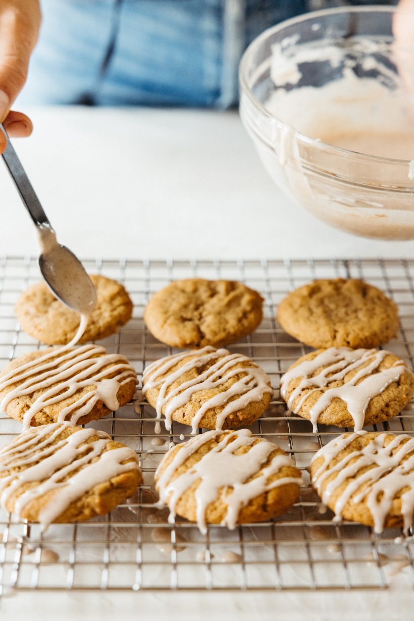 chewy pumpkin spice cookies with cinnamon frosting, baking