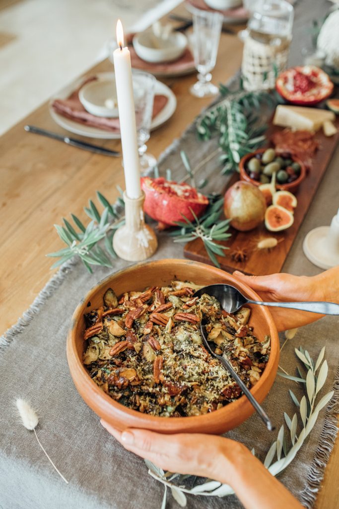 Sweet & Sour Cider Glazed Brussels Sprouts with Dates & Pecans