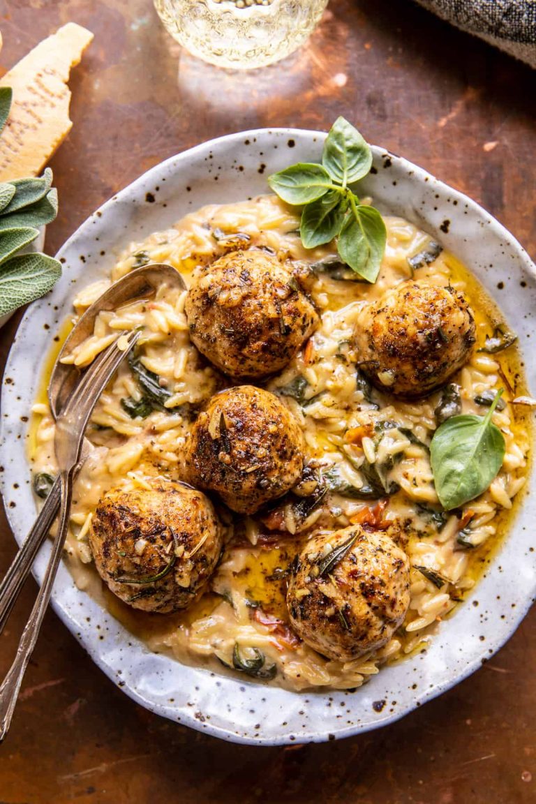 Garlic Butter Chicken Meatballs with Creamy Orzo