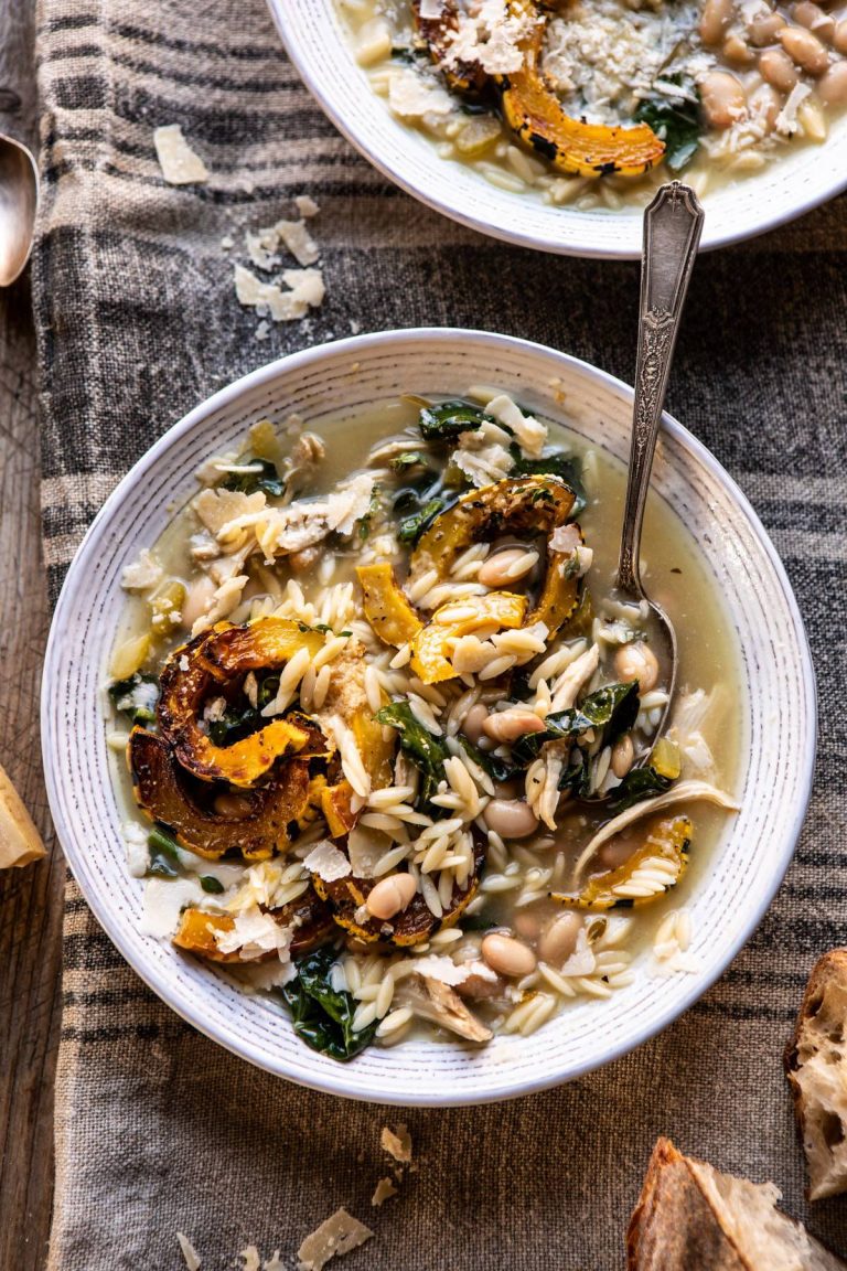Crockpot Parmesan White Bean Chicken Soup with Roasted Delicata Squash from half baked harvest