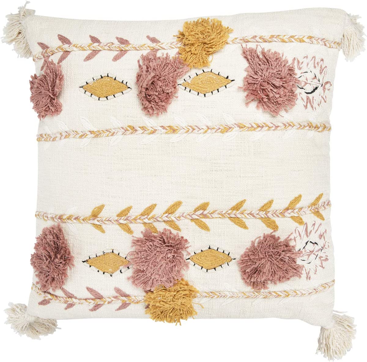 Embroidered Mustard & Rose Poms Pillows