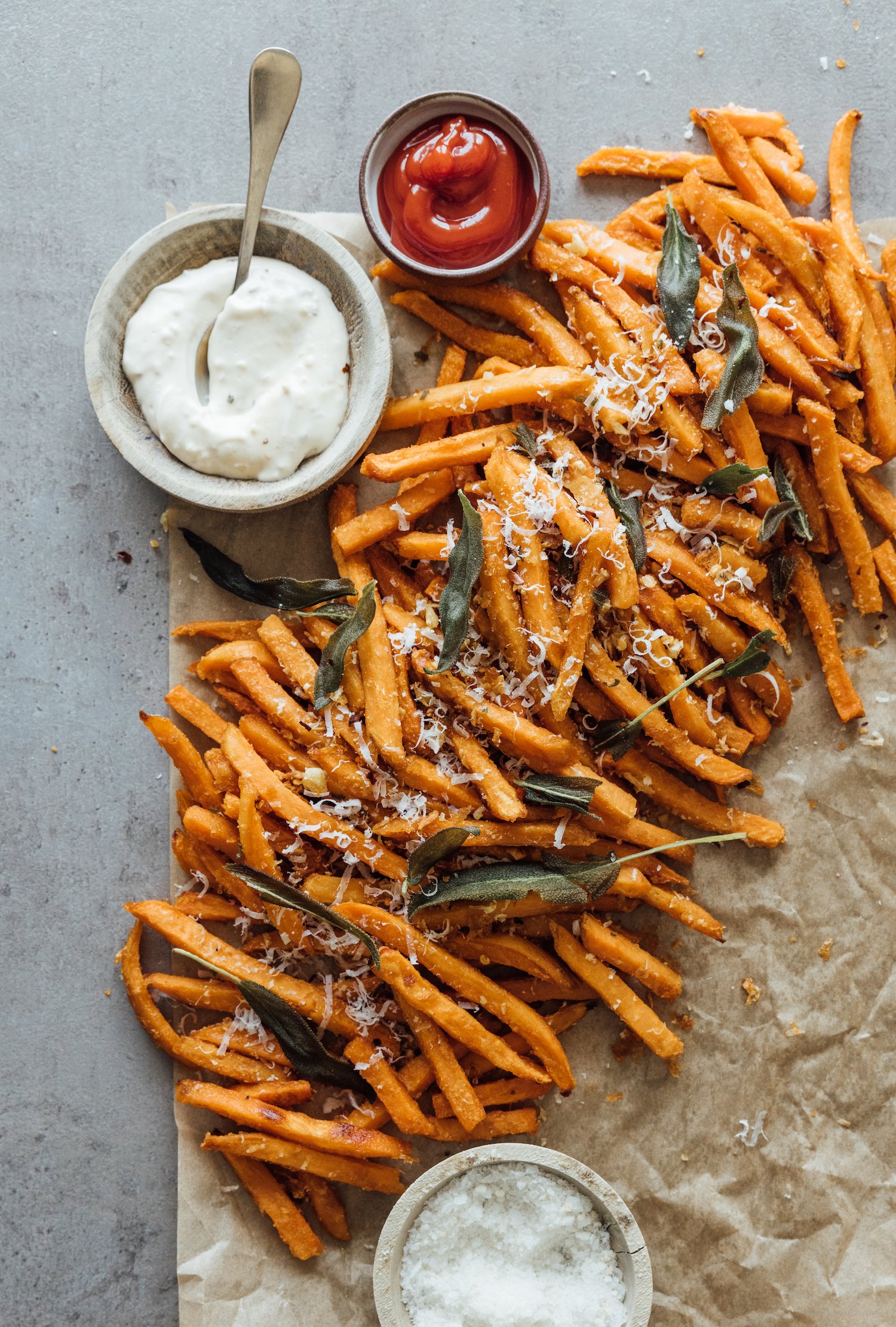 garlicky sage sweet potato fries with garlic aioli - easy, healthy recipe using alexia fries