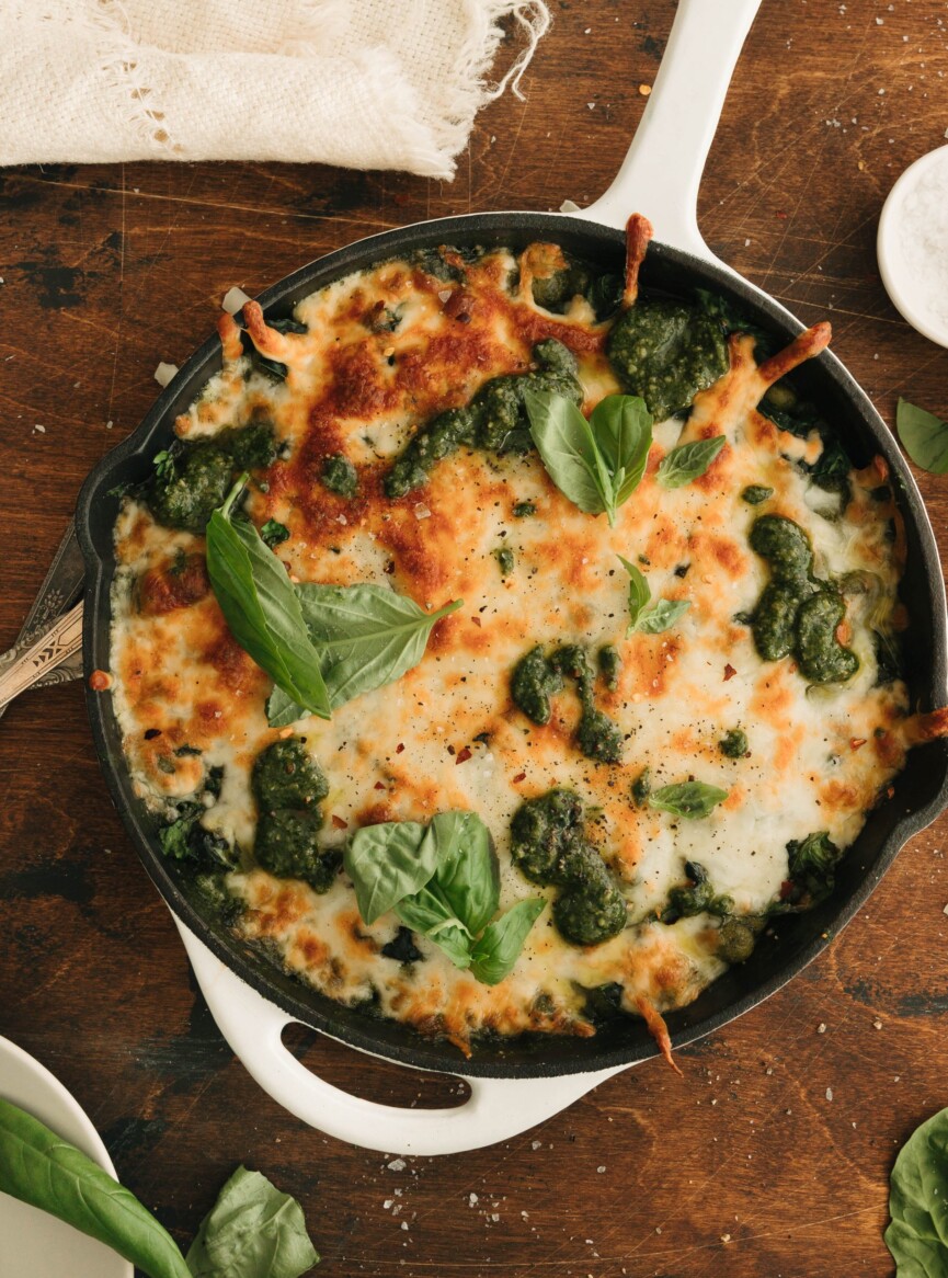 cheesy pesto and spinach gnocchi skillet bake