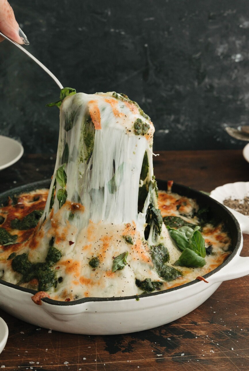 cheesy pesto and spinach gnocchi skillet bake