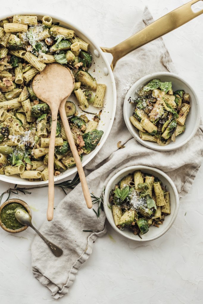 Rigatoni with Brussels Sprouts, Kale Pesto, and Lemon