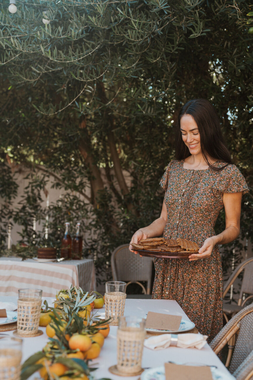 Laurel Gallucci, Sweet Laurel founder, Friendsgiving Brunch at Home in Los Angeles, garden, olive trees, waffles