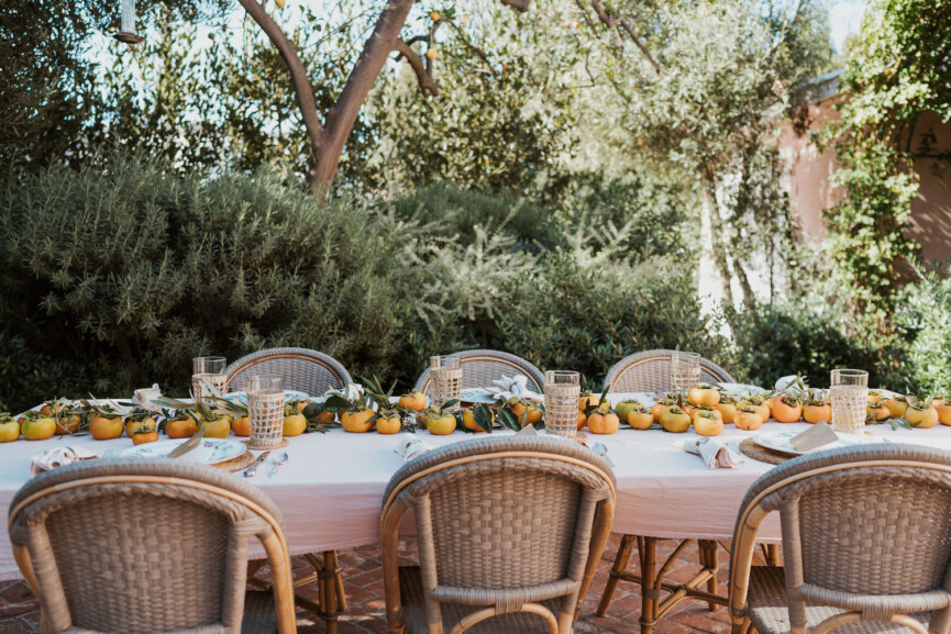 Laurel Gallucci, Sweet Laurel founder, Friendsgiving Brunch at Home in Los Angeles, backyard dinner party table, spring, persimmons, al fresco dinner party