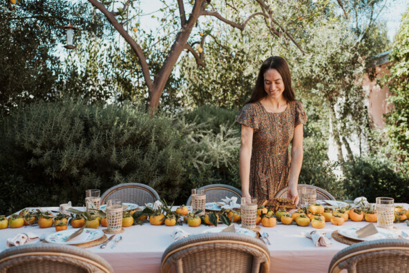 Laurel Gallucci, Sweet Laurel founder, Friendsgiving Brunch at Home in Los Angeles, backyard dinner party table, spring, persimmons