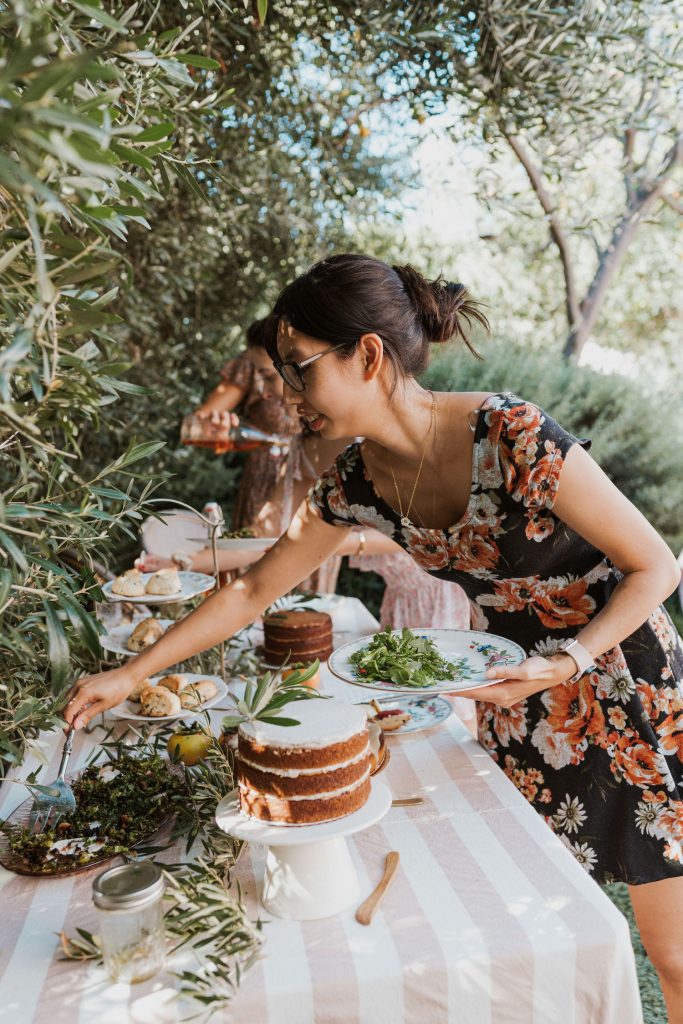 guests at brunch, cake, buffet