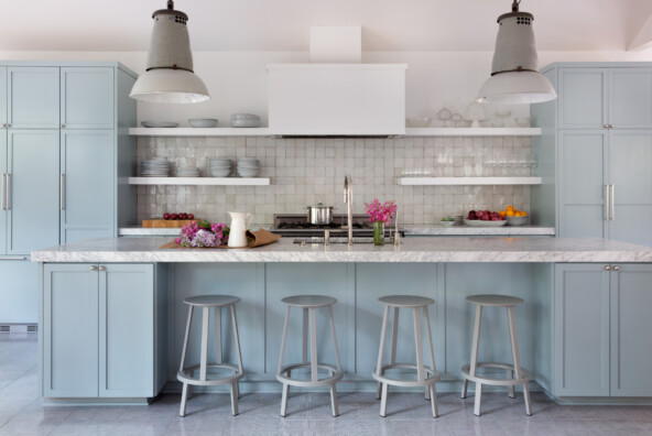 kitchen with light blue cabinets