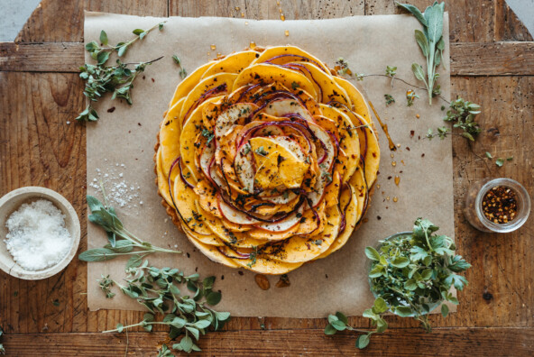 butternut squash and apple tart with ricotta, vegetarian thankskgiving main course