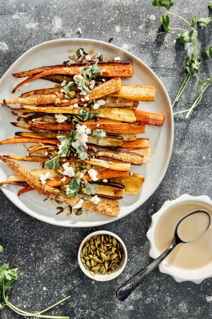 Roasted Heirloom Carrots With Wild Rice And Tahini_thanksgiving potluck ideas
