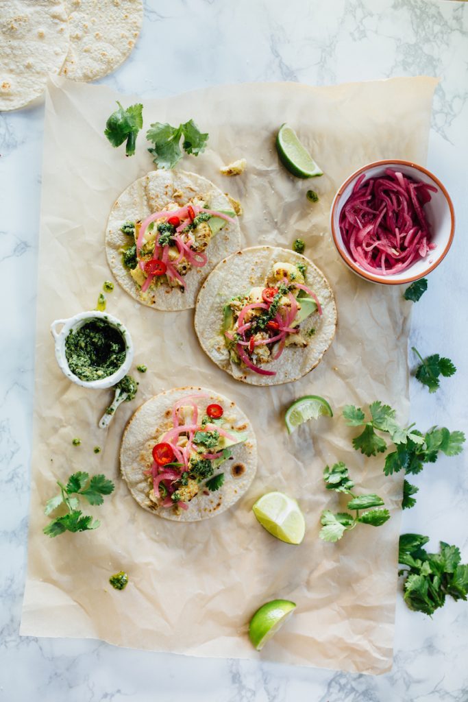 Roasted Cauliflower Tacos with Cilantro Pesto_lazy vegan recipes