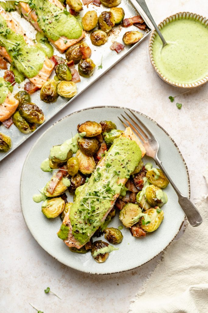 Sheet pan green goddess salmon with bacony brussels sprouts_best brussels sprouts recipes