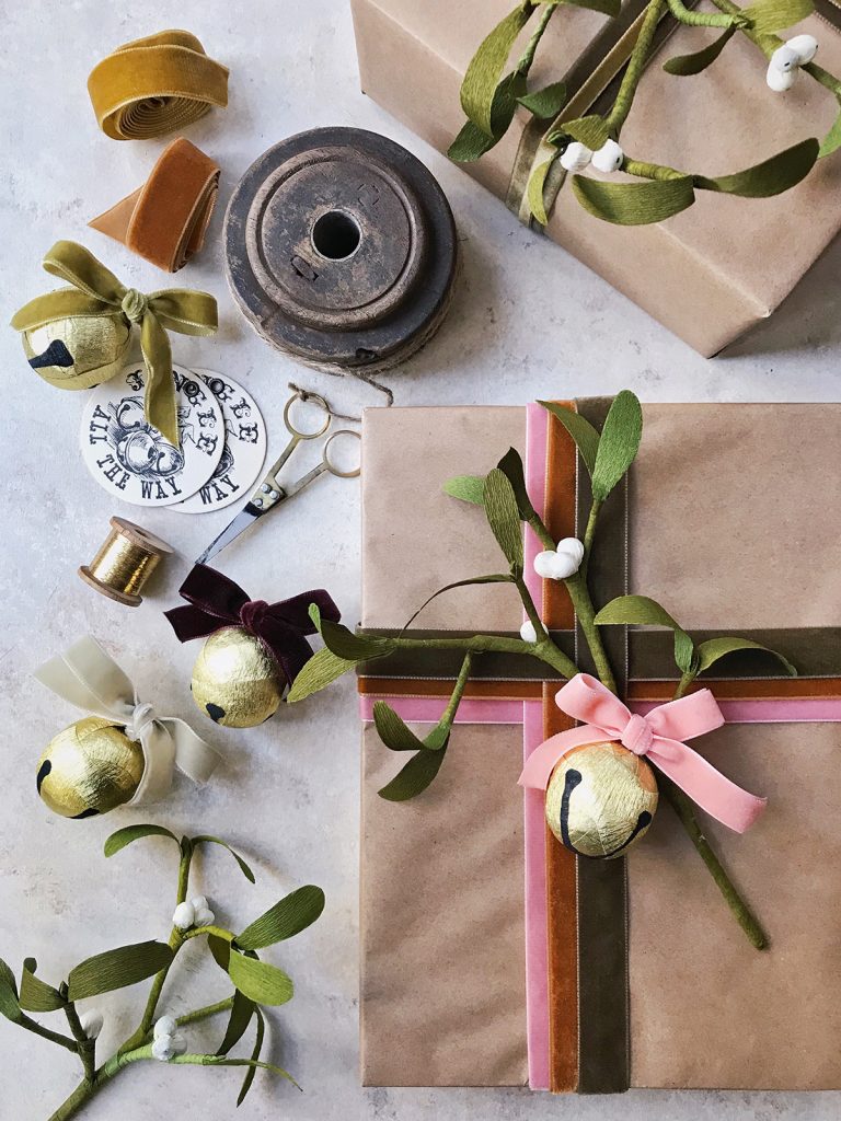 DIY Sleigh Bell + Mistletoe Present Topper best gift wrapping ideas