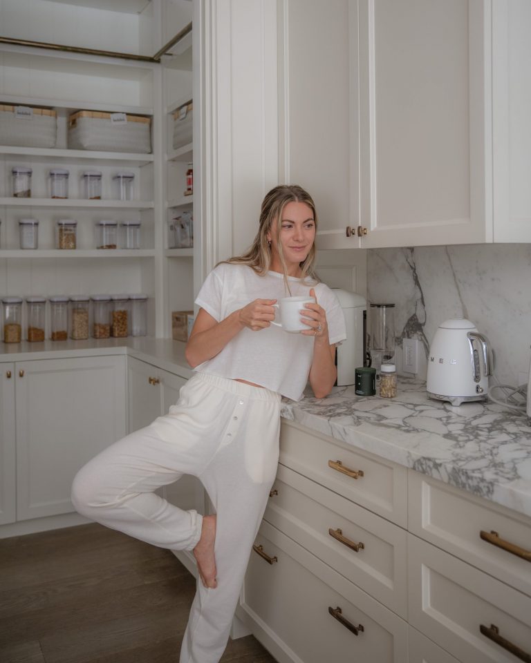 Lauren Ireland having coffee in the kitchen