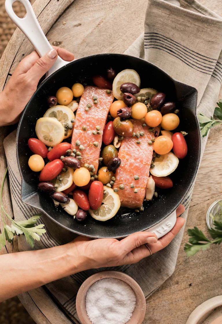 Mediterranean Baked Salmon with Tomatoes, Olives, & Capers