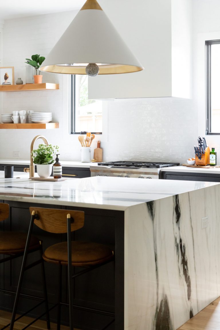 Ashley Robertson modern white kitchen with marbled countertop