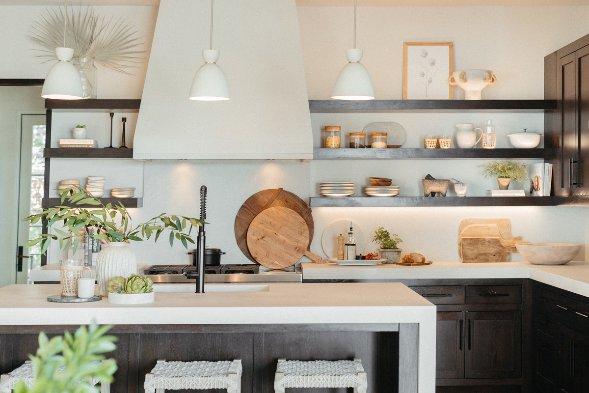 camille styles kitchen - after - custom plaster hood surround