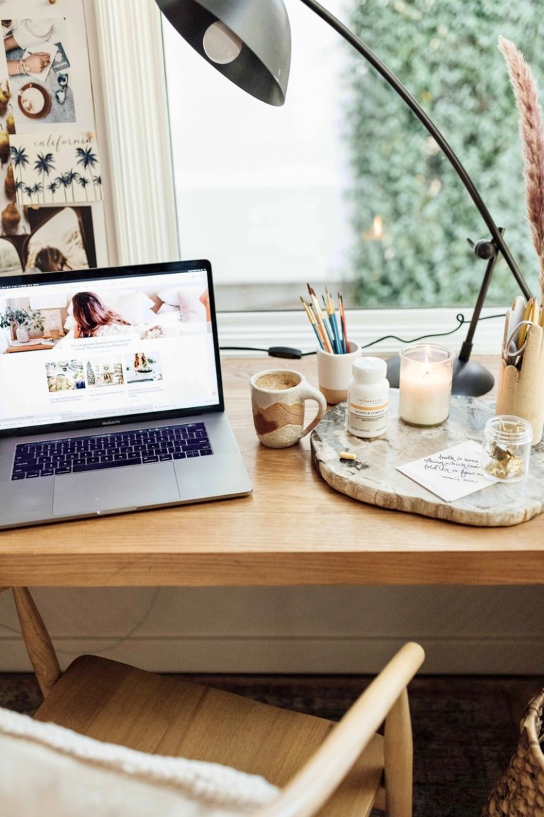 Camille Styles desk with laptop Sunday routine