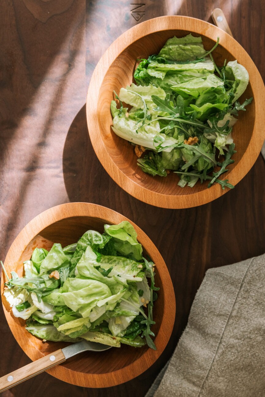 best simple green salad recipe inspired by via carota's insalata verde, casa zuma wood salad bowls 7"