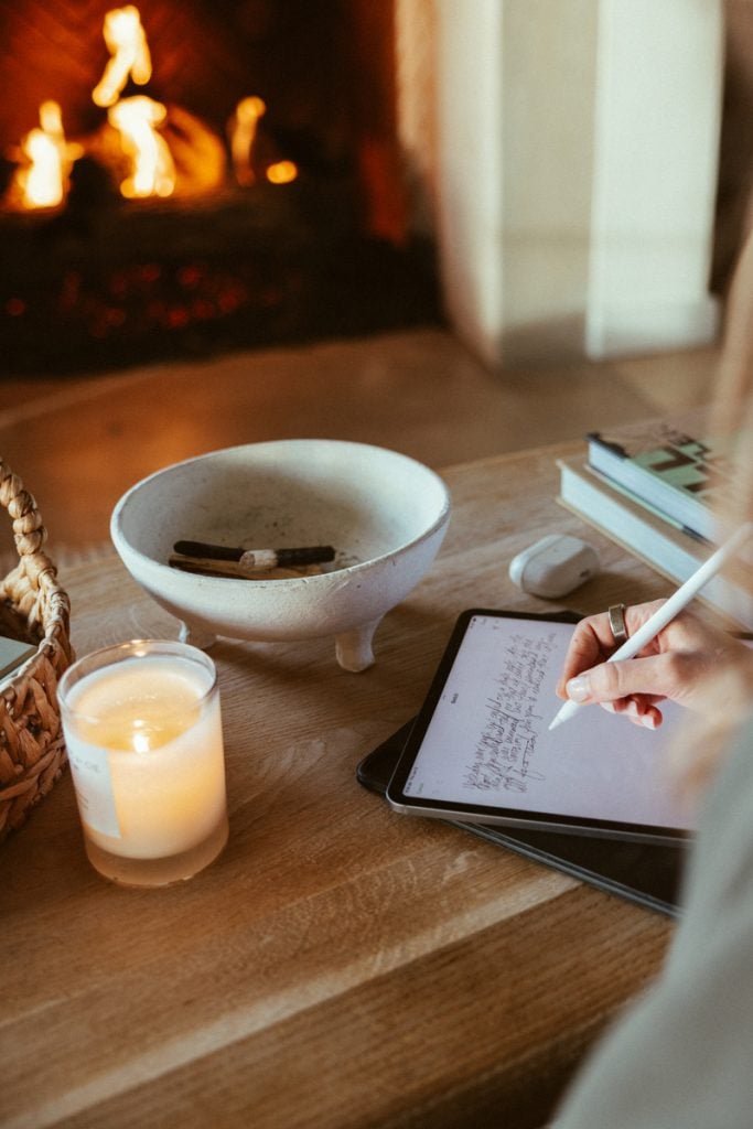 fireplace journaling, luxury candles