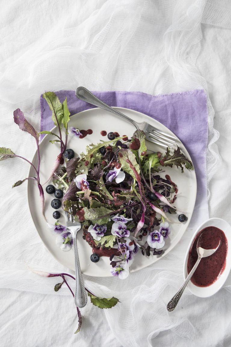 Baby Mustard Greens with Blueberries, Micro Purple Radish, Purple Turnip and Blueberry Balsamic Dressing what fruits and vegetables are in season in winter
