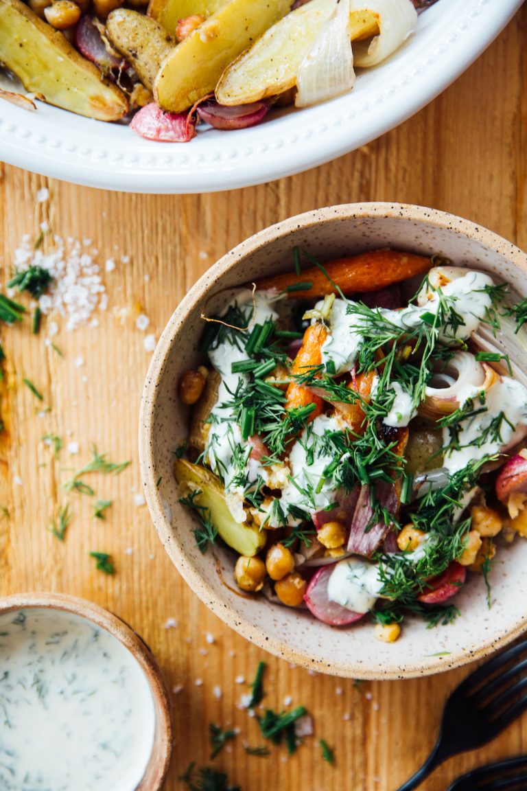 Sheet Pan Spring Veggie Bowl with Yogurt and Herb Dressing_spring dinner ideas