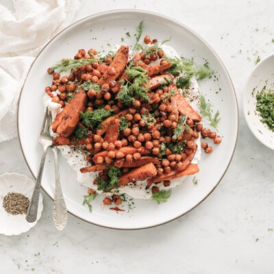 sweet potato chickpea bowl with feta yogurt and herbs